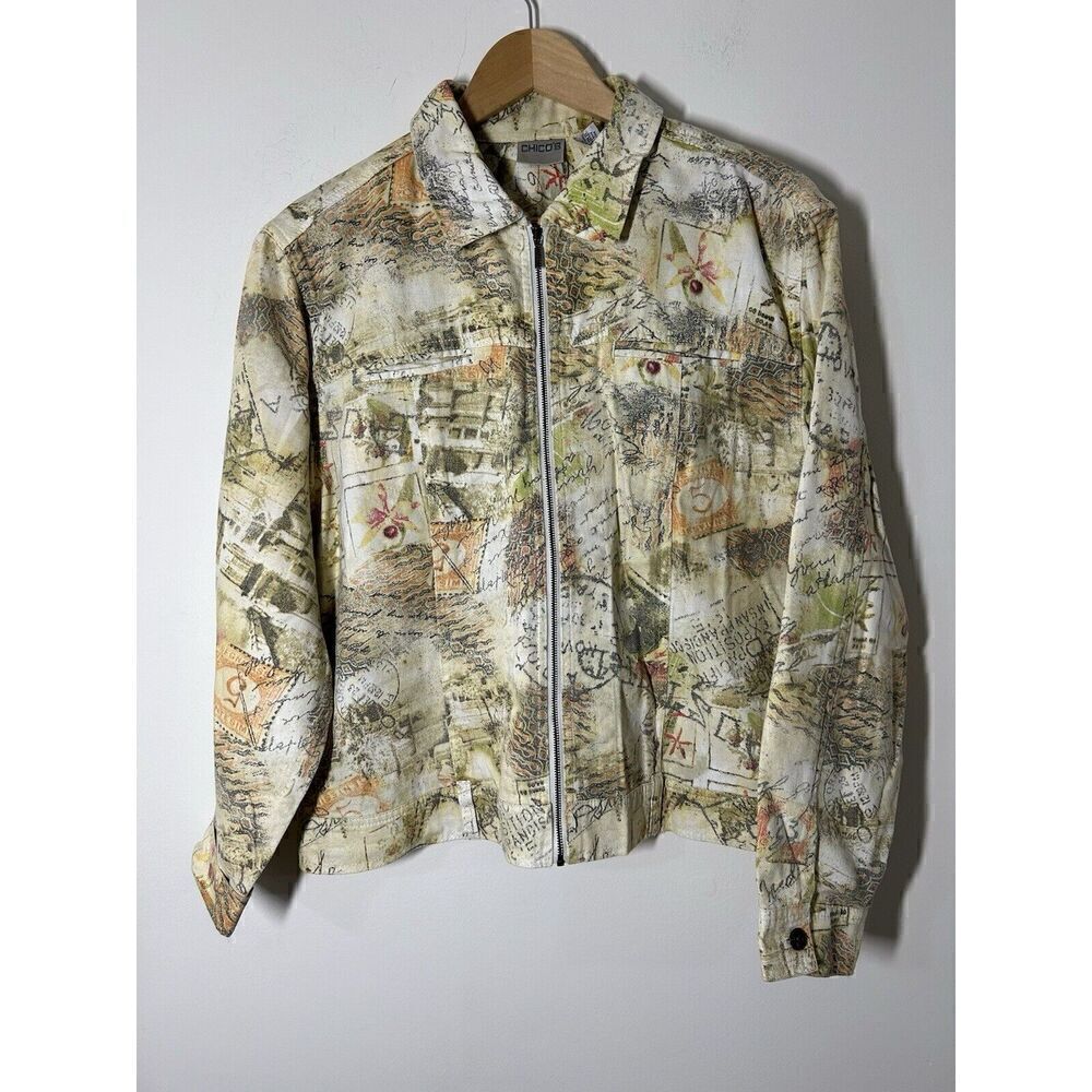 Chico's Jacket Size 2 Linen Blend Multicolor Travel Postcard Stamps Zip Up